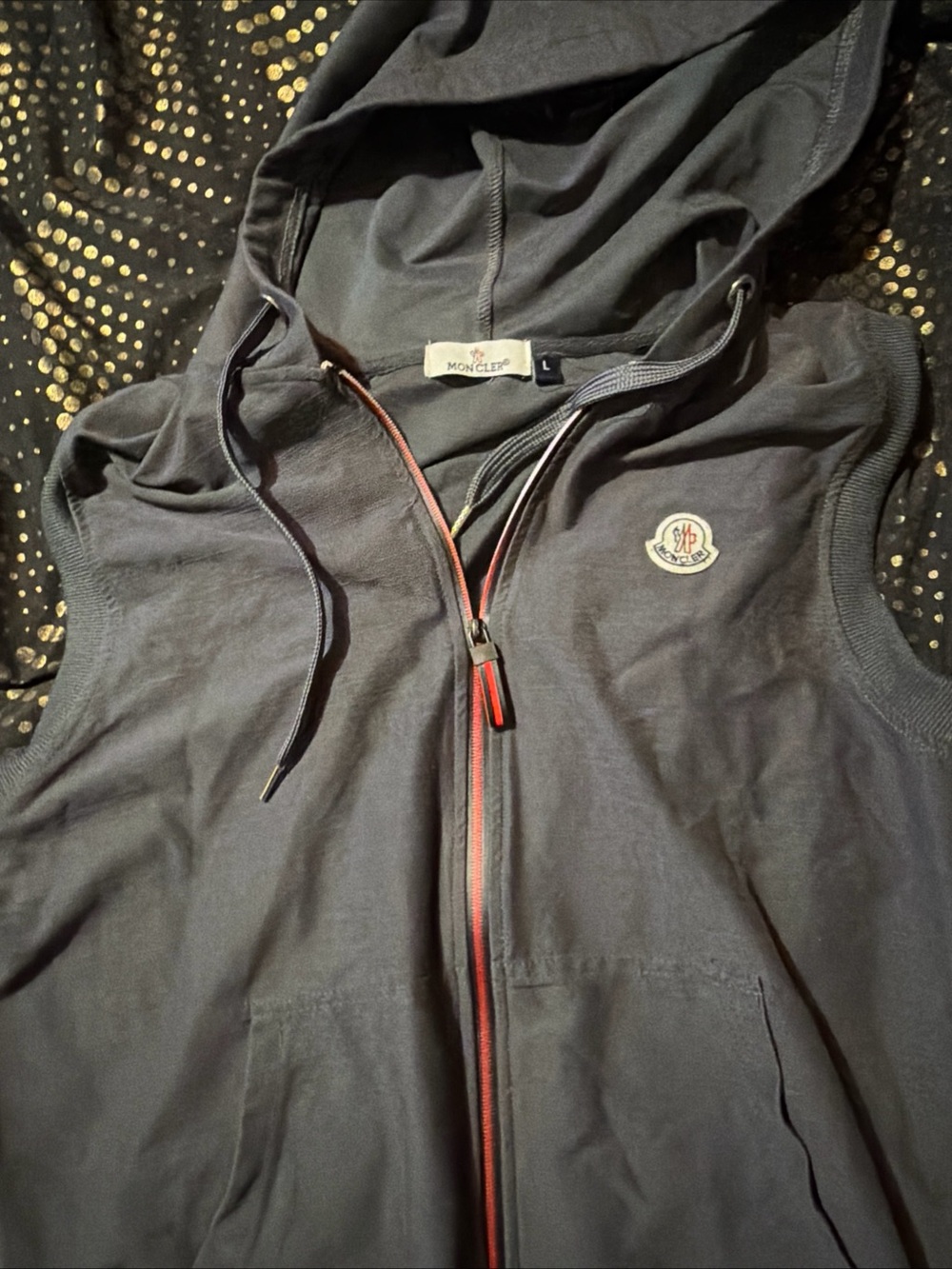 Moncler Black Sleeveless Hoodie with Red Trim